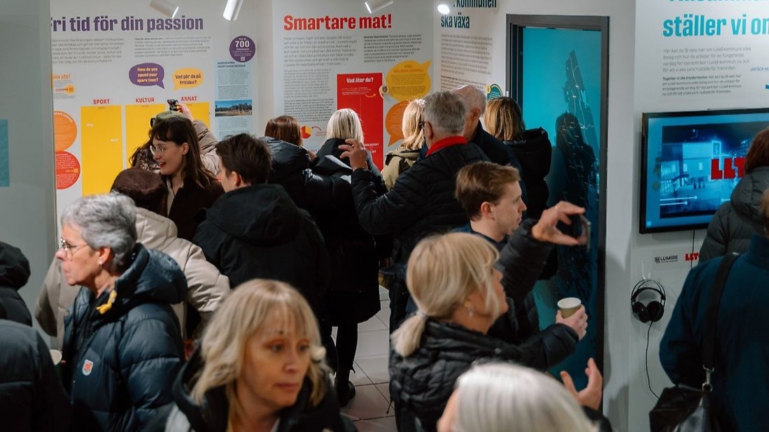Visitors explore climate transition exhibition in Luleå shopping center, January 2026
